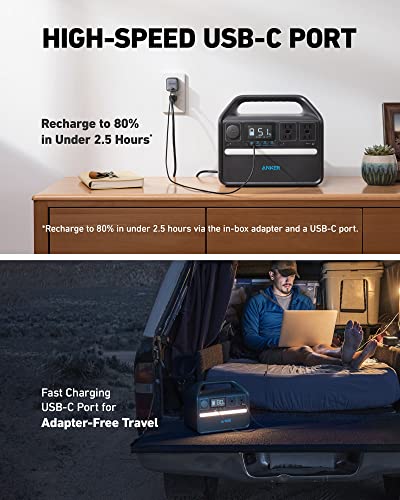 Anker 535 Portable Power Station, 512Wh Solar Generator (Solar Panel Optional) with LiFePO4 Battery Pack, 500W 9-Port Powerhouse, 4 AC Outlets, 60W USB-C PD Output, LED Light for Outdoor Camping, RV