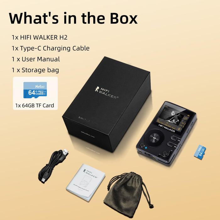 HIFI WALKER H2 HiFi MP3 Player with Bluetooth, Lossless DSD DAC Flac, High Resolution Music Player, Portable Audio Player with 64 GB Memory Card, Supports up to 256 GB