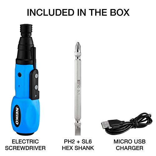 NEIKO 10577A Cordless Power Screwdriver | 1/4” Hex Auto-Lock Safety Chuck | Includes Phillips and Flathead Bit | USB Rechargeable Lithium-Ion Technology | Auto and Manual Mode