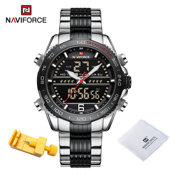 Luxury Brand NAVIFORCE Digital Sport Watch For Men Steel Band Waterproof Chronograph Alarm Clock Luminous Quartz Wristwatch Male