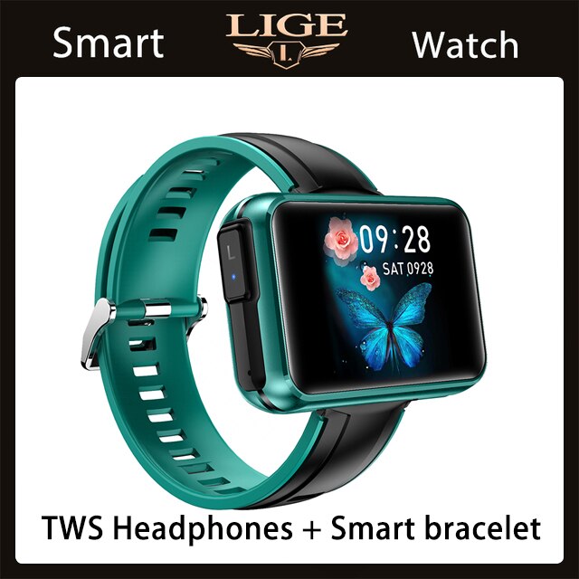 LIGE Bluetooth Call Smart Watches TWS Earphone 2 in 1 Heart Rate Blood Pressure Full Touch Men Women Smart Watch For Android IOS