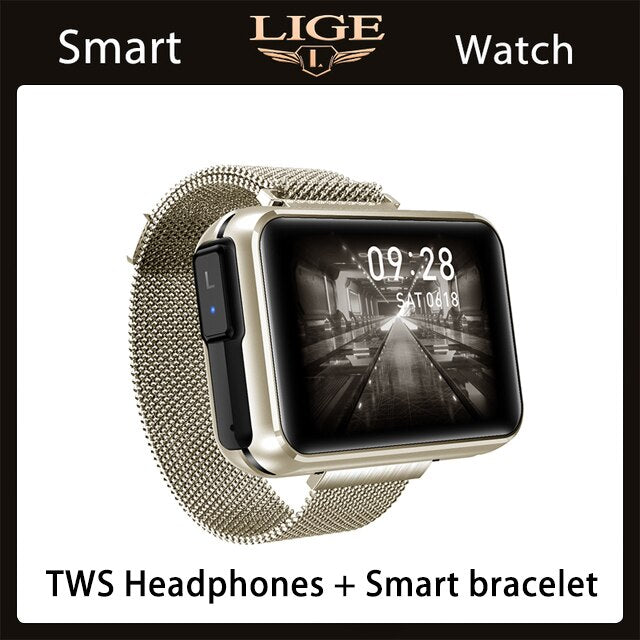 LIGE Bluetooth Call Smart Watches TWS Earphone 2 in 1 Heart Rate Blood Pressure Full Touch Men Women Smart Watch For Android IOS