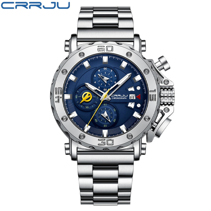 CRRJU Men Watch Top Brand Luxury Big Dial Stainless Steel Waterproof Chronograph Wristwatches with Date Relogio Masculino