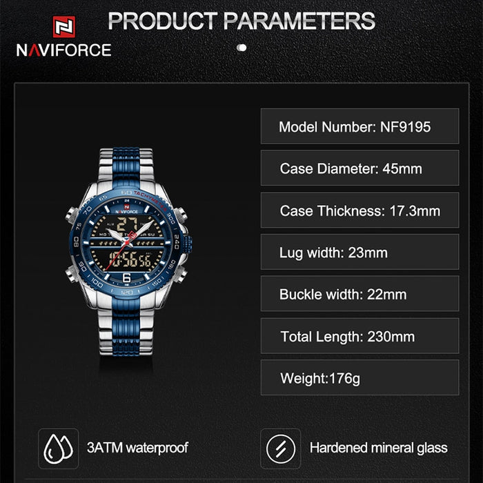 Luxury Brand NAVIFORCE Digital Sport Watch For Men Steel Band Waterproof Chronograph Alarm Clock Luminous Quartz Wristwatch Male