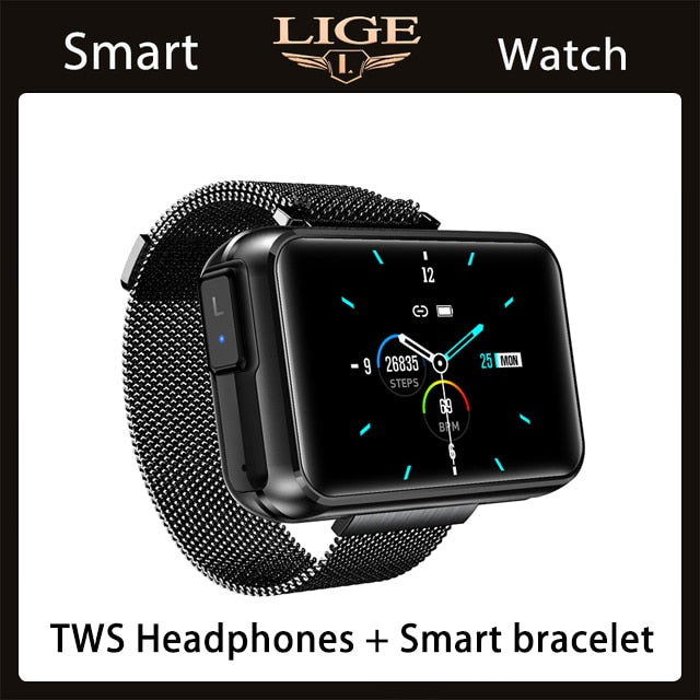 LIGE Bluetooth Call Smart Watches TWS Earphone 2 in 1 Heart Rate Blood Pressure Full Touch Men Women Smart Watch For Android IOS