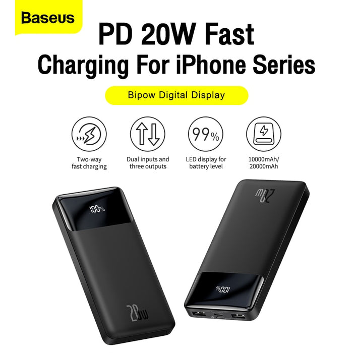 Baseus Power Bank 20000mAh Portable Charger Powerbank 10000mAh External Battery PD 20W Fast Charging For iPhone Xiaomi PowerBank