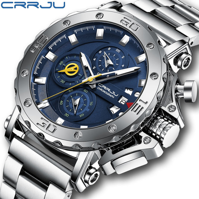 CRRJU Men Watch Top Brand Luxury Big Dial Stainless Steel Waterproof Chronograph Wristwatches with Date Relogio Masculino