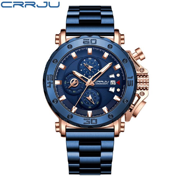 CRRJU Men Watch Top Brand Luxury Big Dial Stainless Steel Waterproof Chronograph Wristwatches with Date Relogio Masculino