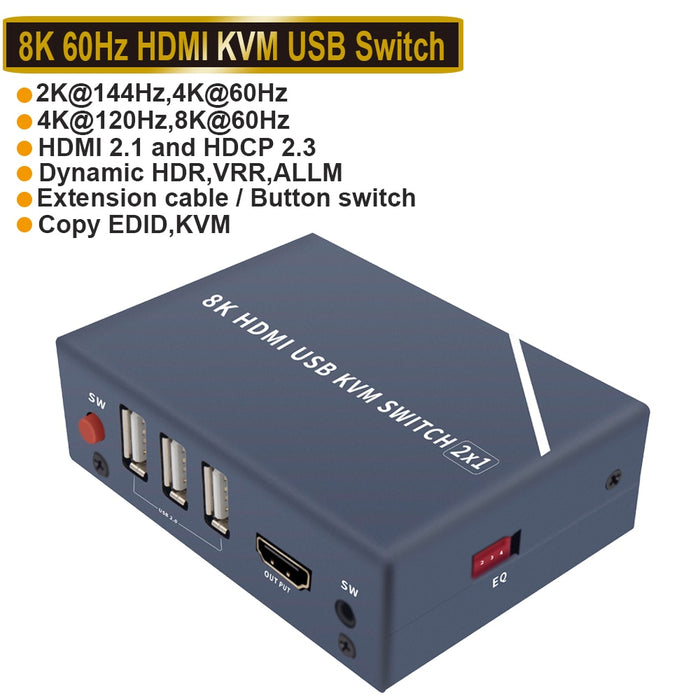 8K HDMI-compatible Splitter 4K Switch KVM switch USB 2 in1 Switcher For computer monitor Keyboard And Mouse EDID / HDCP Printer