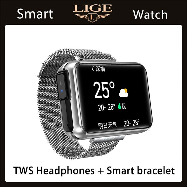 LIGE Bluetooth Call Smart Watches TWS Earphone 2 in 1 Heart Rate Blood Pressure Full Touch Men Women Smart Watch For Android IOS