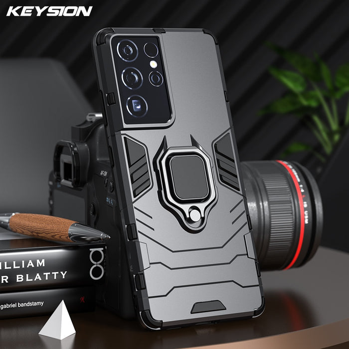 KEYSION Shockproof Armor Case for Samsung S22 Ultra S22 Plus Ring Stand Silicone Phone Back Cover for Galaxy S21 S20 FE S10+