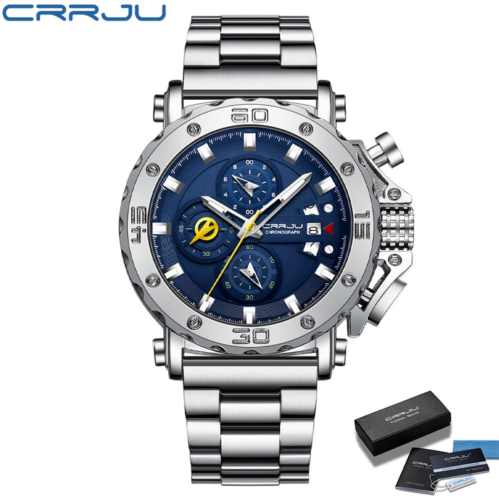 CRRJU Men Watch Top Brand Luxury Big Dial Stainless Steel Waterproof Chronograph Wristwatches with Date Relogio Masculino