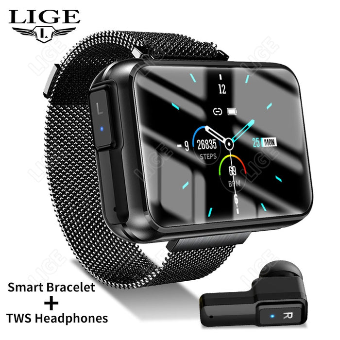 LIGE Bluetooth Call Smart Watches TWS Earphone 2 in 1 Heart Rate Blood Pressure Full Touch Men Women Smart Watch For Android IOS