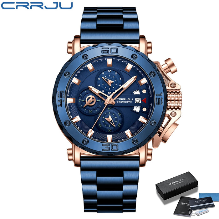 CRRJU Men Watch Top Brand Luxury Big Dial Stainless Steel Waterproof Chronograph Wristwatches with Date Relogio Masculino