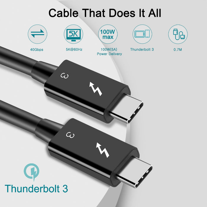 Thunderbolt 3 cable 40Gbps 100W Thunderbolt 3 dock cable 0.7M 2.3ft 20V 5A TB3 cable 5K 4K display 40G Thunderbolt 3 to TB3 male