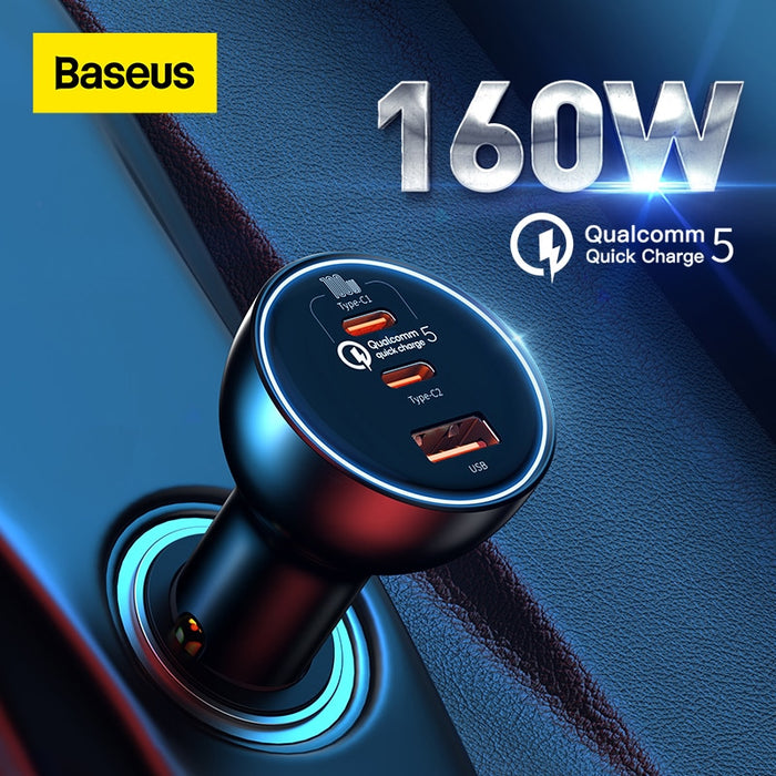 Baseus 160W Car Charger QC 5.0 Fast Charging For iPhone 13 12 Pro Laptops Tablets Car Phone Charger