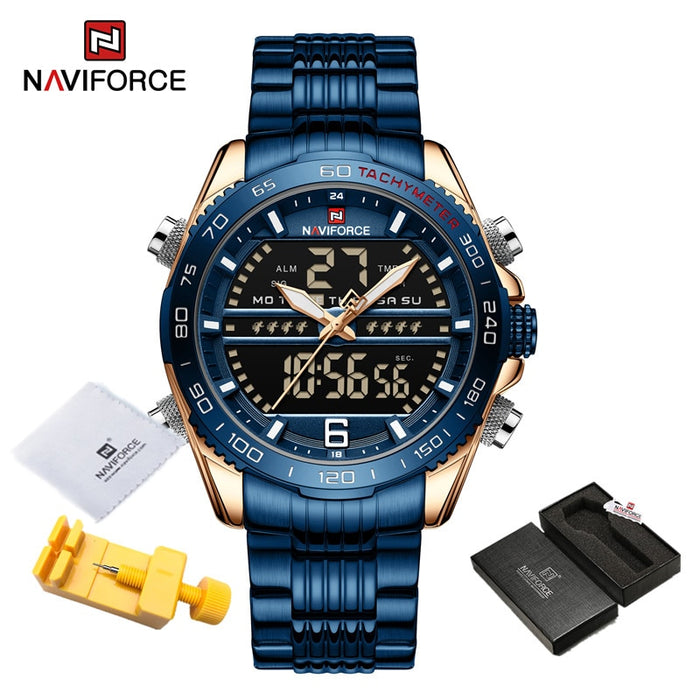 Luxury Brand NAVIFORCE Digital Sport Watch For Men Steel Band Waterproof Chronograph Alarm Clock Luminous Quartz Wristwatch Male