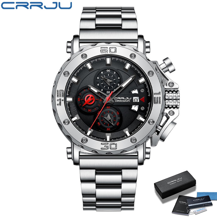 CRRJU Men Watch Top Brand Luxury Big Dial Stainless Steel Waterproof Chronograph Wristwatches with Date Relogio Masculino