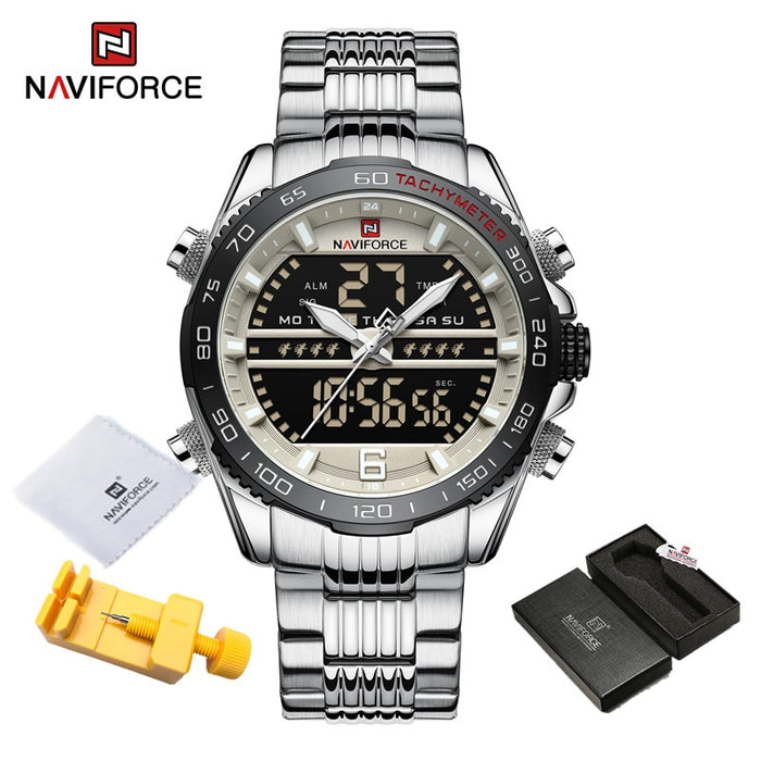 Luxury Brand NAVIFORCE Digital Sport Watch For Men Steel Band Waterproof Chronograph Alarm Clock Luminous Quartz Wristwatch Male