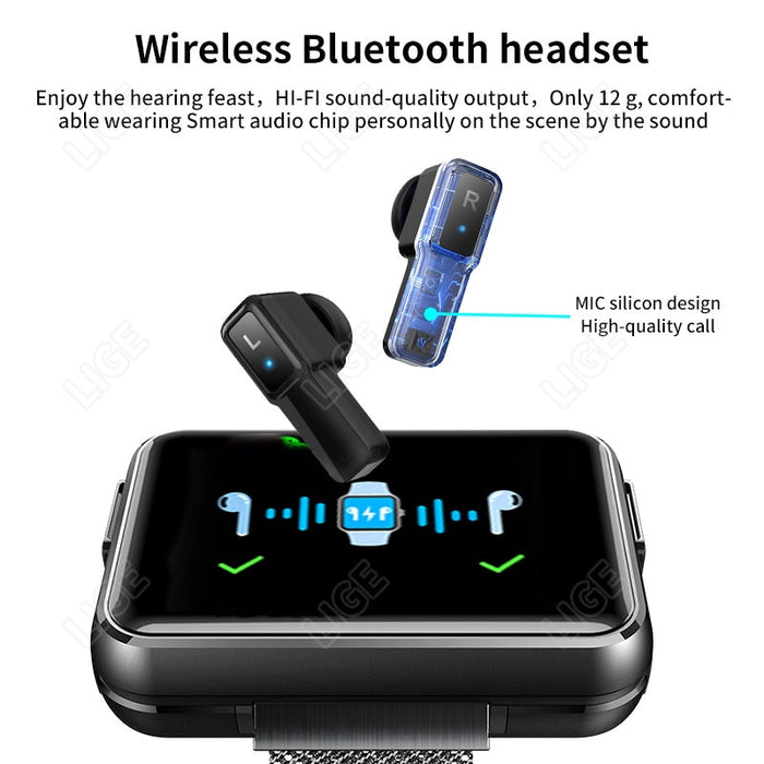 LIGE Bluetooth Call Smart Watches TWS Earphone 2 in 1 Heart Rate Blood Pressure Full Touch Men Women Smart Watch For Android IOS