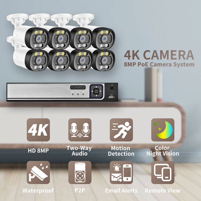 Gadinan Ultra HD 4K Security Camera System Two-way Audio 8CH NVR POE AI Cam 5MP 8MP Outdoor Color Night Video Surveillance Set