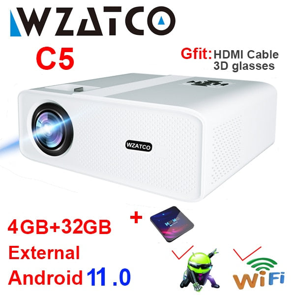 WZATCO C5 Full HD Native 1080P LED Proyector 2K 4K 5G WIFI Android 11.0 Smart Phone Beamer 3D Home Video Theater 6D Keystone