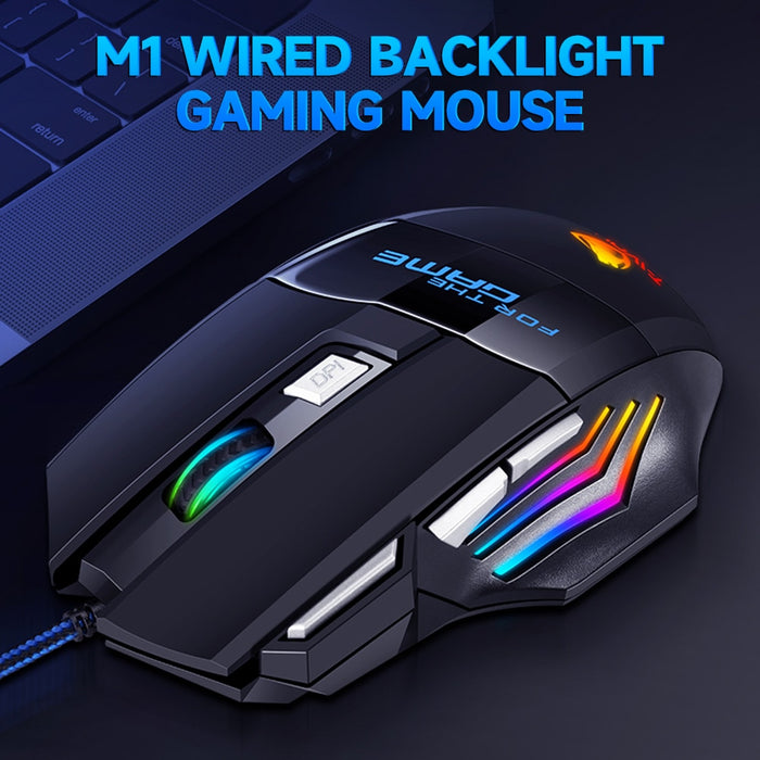 T-WOLF M1 Wired Gaming Mouse 7-color Breathing Light 800/1200/2400 3-gear Adjustable DPI Ergonomic Mouse for PC Laptop Black