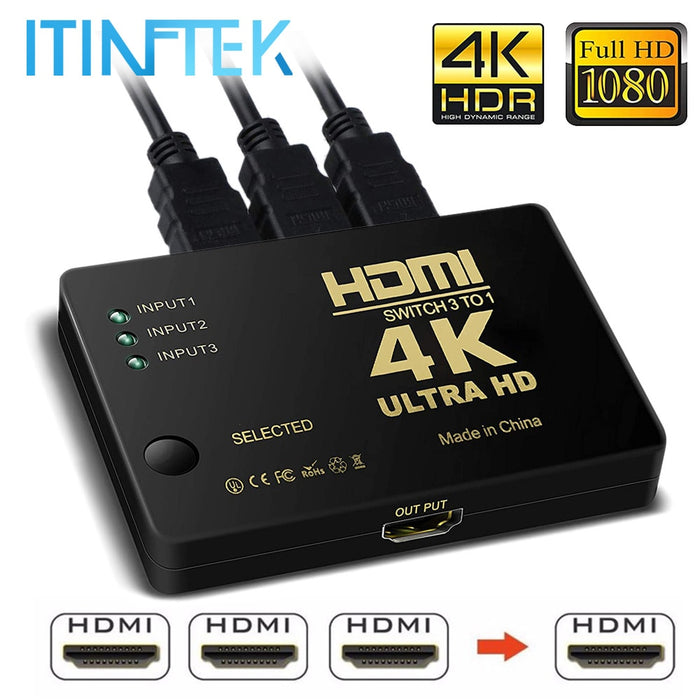 4K 2K 3x1 HDMI Cable Splitter HD 1080P Video Switcher Adapter 3 Input 1 Output Port HDMI Hub for Xbox DVD HDTV PC Laptop TV